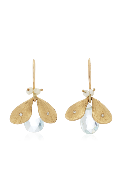Shop Annette Ferdinandsen Jeweled Bug 14k Yellow Gold Aquamarine; Pearl; Diamond Earrings In Blue