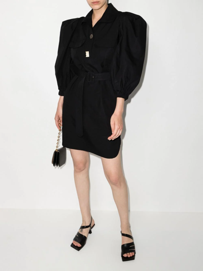 Shop Rejina Pyo Puff-sleeve Belted Shirtdress In 黑色