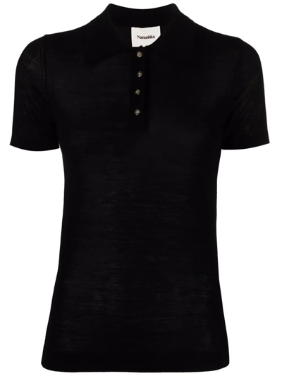 Shop Nanushka Semi-sheer Knitted Polo Shirt In Black