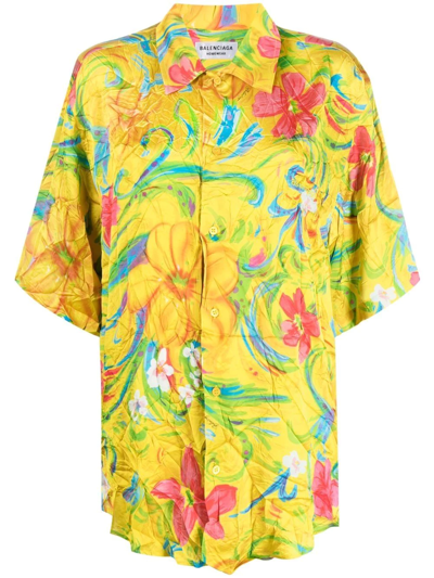Shop Balenciaga Floral Short Sleeve Shirt In 黄色