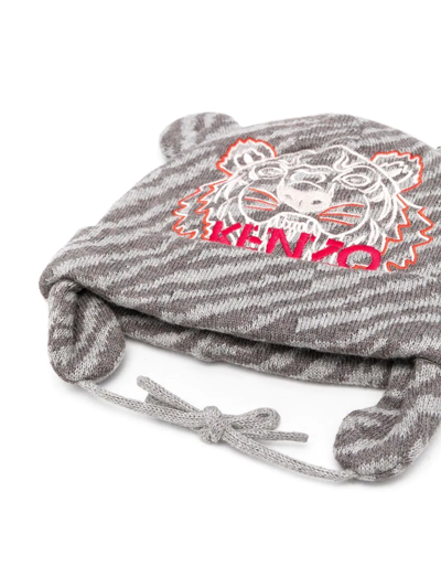 Shop Kenzo Tiger Head Motif Knitted Hat In Grey