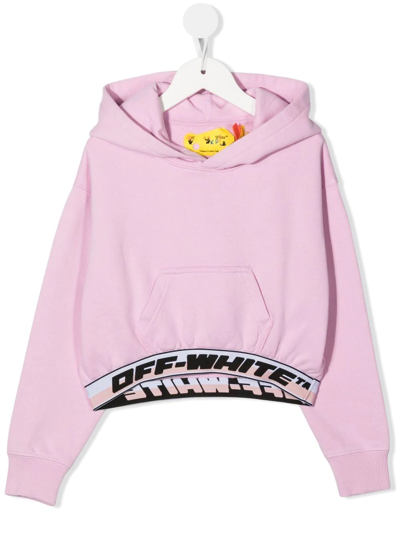 Off-white Logo Cropped Cotton Jersey Hoodie In 粉色