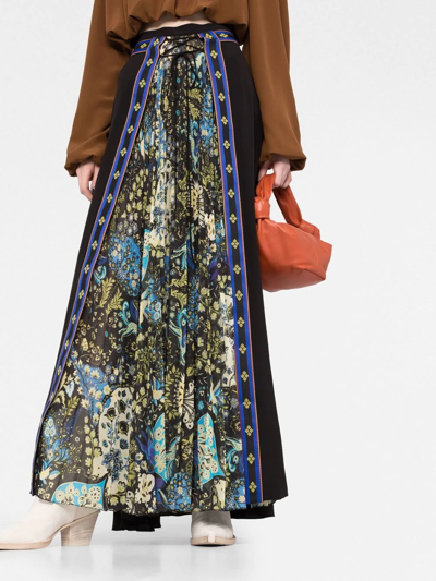 Shop Etro Floral-print Pleated Silk Skirt In 黑色
