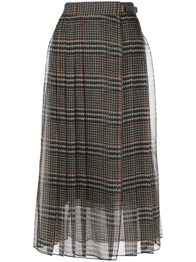 Brunello Cucinelli Pleated Silk Houndstooth Midi Skirt With Monili Tab In 褐色