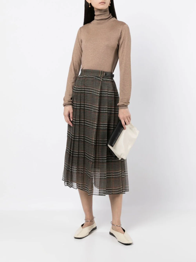 Brunello Cucinelli Pleated Silk Houndstooth Midi Skirt With Monili Tab In 褐色