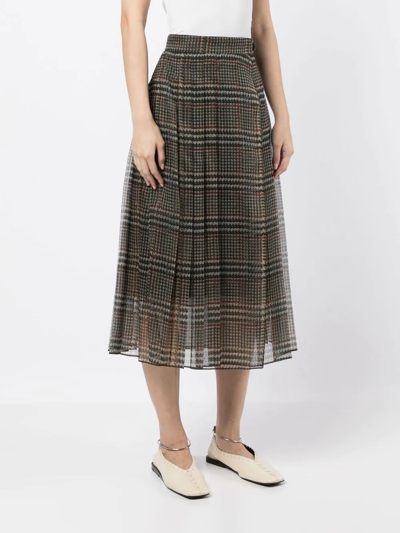 Brunello Cucinelli Pleated Silk Houndstooth Midi Skirt With Monili Tab In 褐色