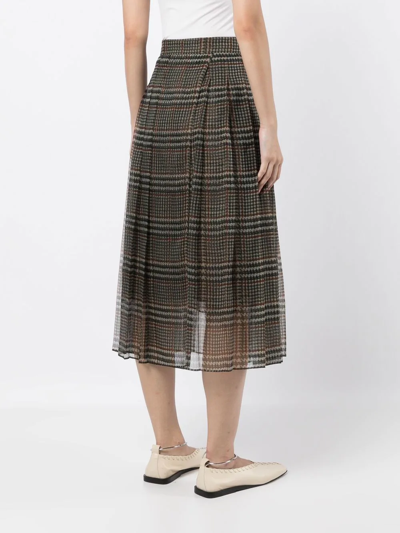 Brunello Cucinelli Pleated Silk Houndstooth Midi Skirt With Monili Tab In 褐色