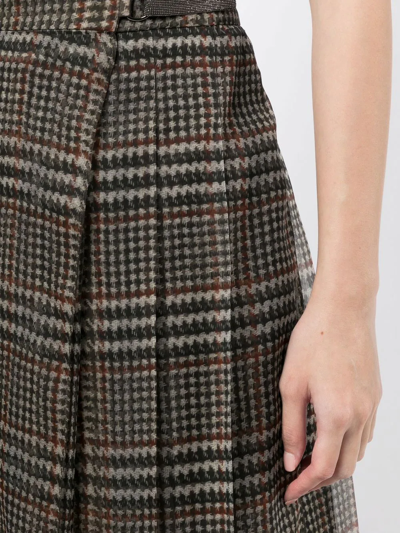 Brunello Cucinelli Pleated Silk Houndstooth Midi Skirt With Monili Tab In 褐色