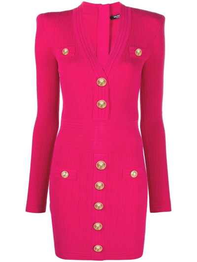 Shop Balmain V-neck Fine Ribbed Dress In Pink
