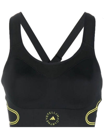 Adidas By Stella Mccartney Asmc Truepace Mesh-paneled Printed Recycled Stretch Sports Bra In Black