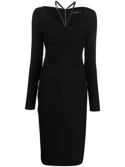 Shop Versace Medusa Head Ruched Midi Dress In 黑色