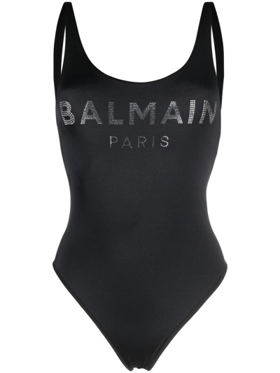 Shop Balmain Rhinestone-logo Swimsuit In 黑色