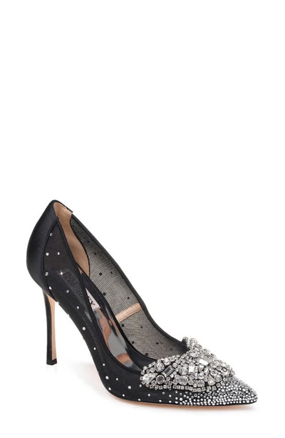 Shop Badgley Mischka Quintana Crystal Embellished Pump In Black Satin/ Mesh