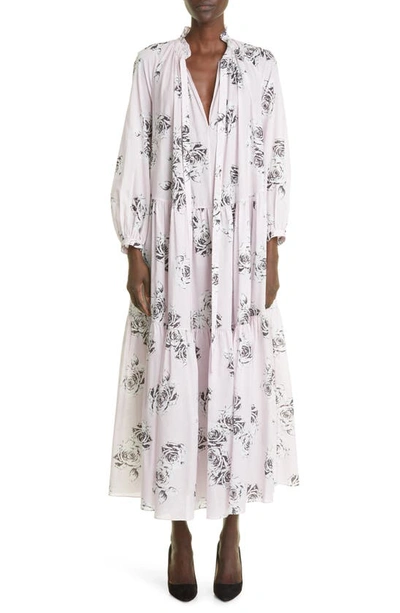 Shop Adam Lippes Tiered Rose Print Long Sleeve Cotton Voile Dress In Pale Pink Floral
