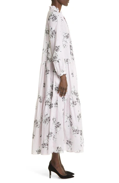 Shop Adam Lippes Tiered Rose Print Long Sleeve Cotton Voile Dress In Pale Pink Floral