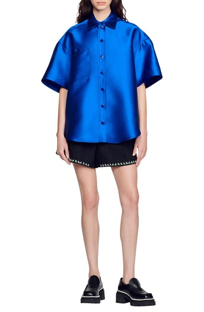 Shop Sandro June Short Sleeve Satin Shirt In Electric Blue