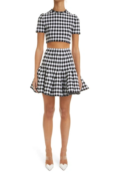 Shop Alaïa Check Mermaid Hem Knit Skirt In Noir/ Blanc