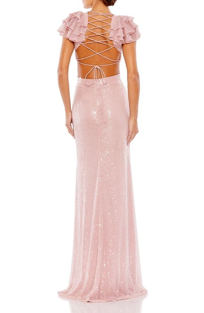 Shop Mac Duggal Ruffle Shoulder Sequin Embellished Gown In Rose