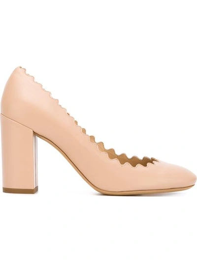 Chloé Lauren Scallop-edged Block-heel Leather Pumps In Nude-pink