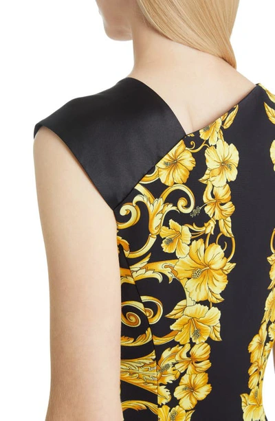 Shop Versace Hibiscus Print Asymmetrical Neck Shift Dress In Black Print