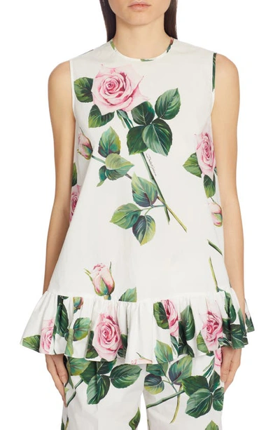 Shop Dolce & Gabbana Rose Print Sleeveless Poplin Top In White