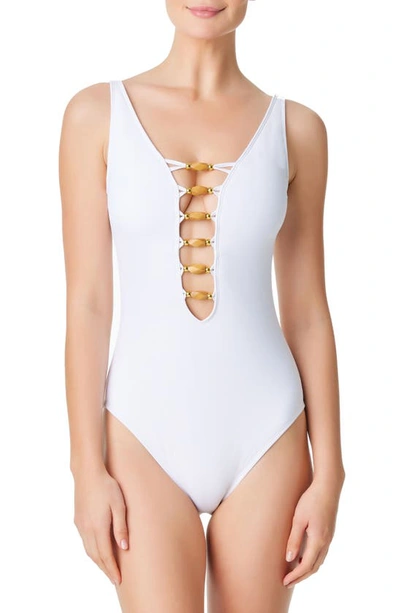 Shop Bleu By Rod Beattie Kore Beaded Lace-up One-piece Swimsuit In White