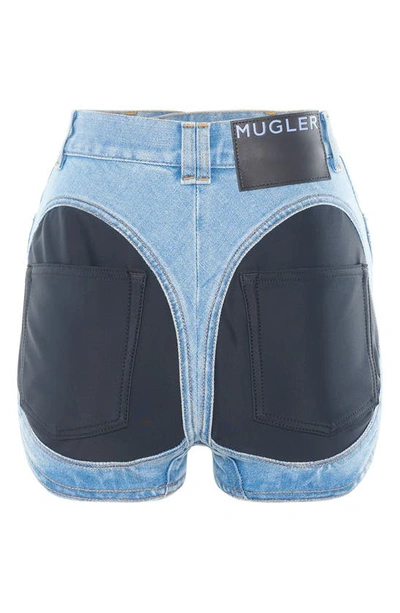 Shop Mugler Spiral Mixed Media Denim Shorts In 3074 Medium Blue / Black