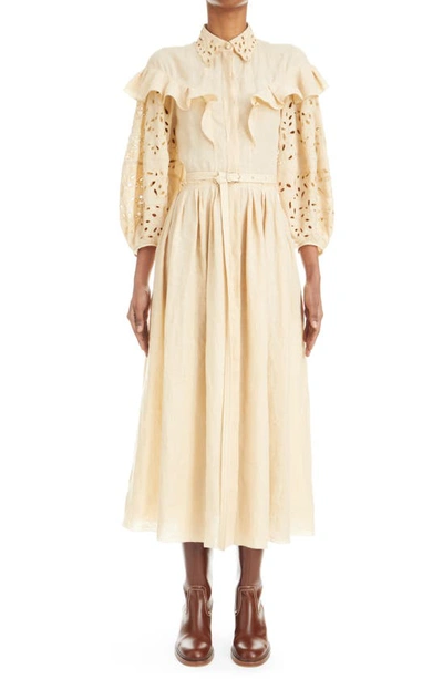 Shop Chloé Broderie Anglaise Balloon Sleeve Linen Voile Shirtdress In Pastel Pink