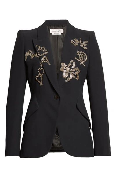Shop Alexander Mcqueen Embellished One-button Crepe Jacket In Black