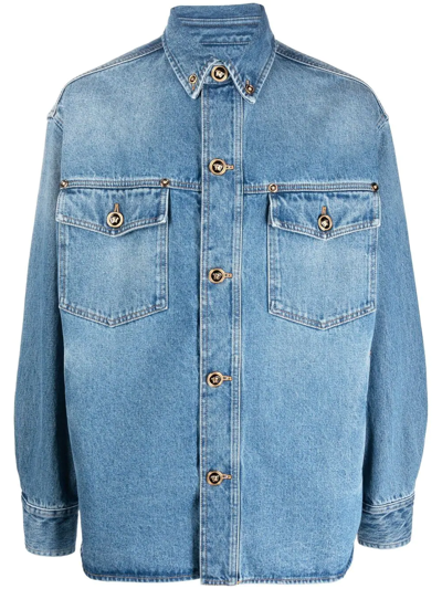 Shop Versace Faded Denim Button-up Shirt Jacket In Blue