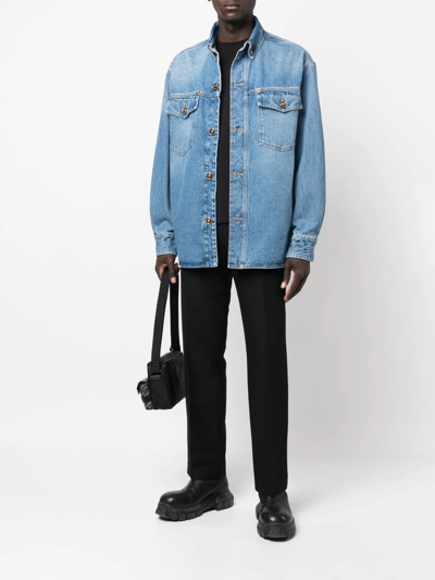 Shop Versace Faded Denim Button-up Shirt Jacket In Blue
