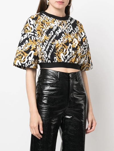 Versace Jeans Couture Logo-print Wide-sleeve Cropped Top In Black