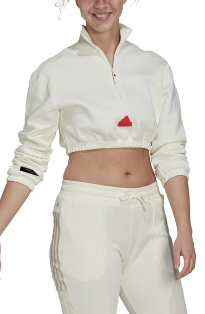 Shop Adidas Sportswear Crop Half Zip Fleece Sweatshirt In Off White/ Bright Red