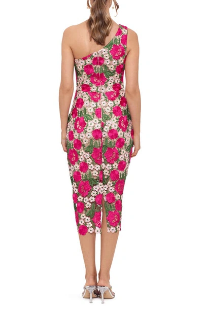Xscape Floral Embroidered One-shoulder Midi Dress In Fuchsia/ Nude