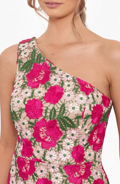 Xscape Floral Embroidered One-shoulder Midi Dress In Fuchsia/ Nude