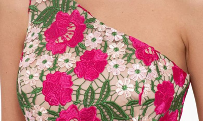 Xscape Floral Embroidered One-shoulder Midi Dress In Fuchsia/ Nude