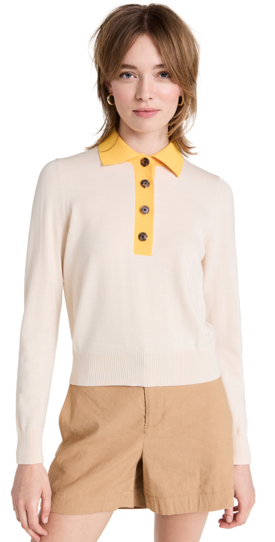 Tory Burch Contrast Collar Long Sleeve Polo In French Cream/sweet Mango |  ModeSens