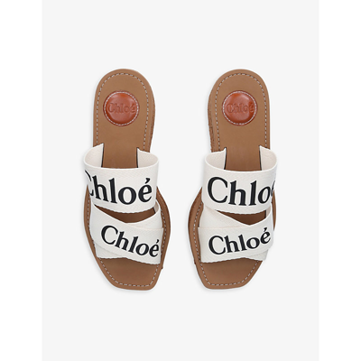 Shop Chloé Chloe Womens White Woody Logo-print Canvas Wedge Sandals