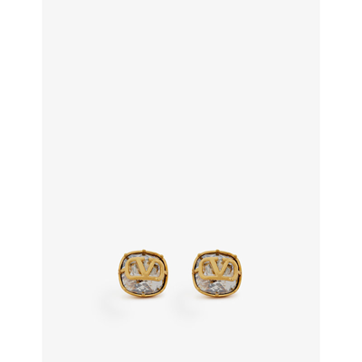 Shop Valentino Garavani Women's Gold Clear Vlogo Brass And Crystal Stud Earrings