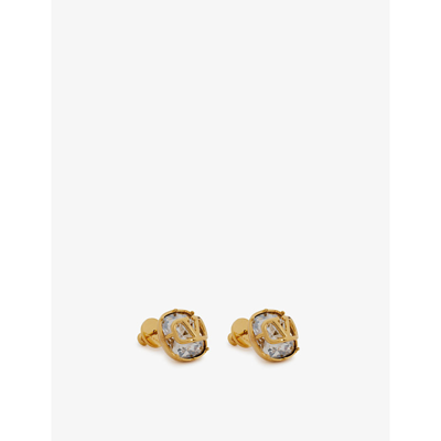 Shop Valentino Garavani Women's Gold Clear Vlogo Brass And Crystal Stud Earrings