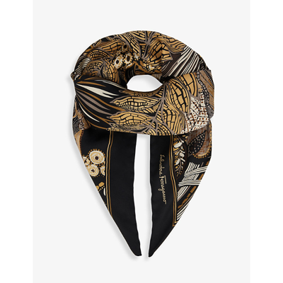 Shop Ferragamo Jungle-print Brand-tab Silk Scarf In Nero/naturale