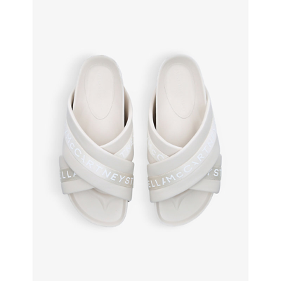 Shop Stella Mccartney Vesta Logo-print Faux-leather Wedge Sandals In Grey/light