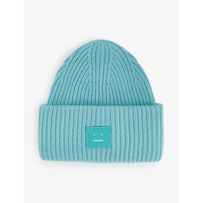 Shop Acne Studios Pansy Logo-patch Wool-blend Beanie In Turquoise Blue