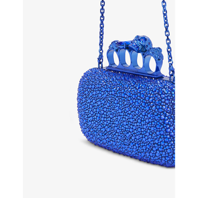 Shop Alexander Mcqueen Four-ring Crystal-embellished Leather Clutch Bag In Blue