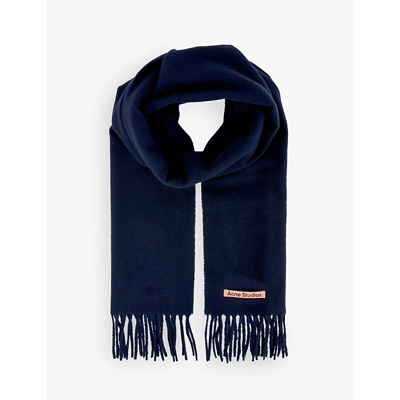 Shop Acne Studios Canada New Fringe-trimmed Wool Scarf In Navy Blue