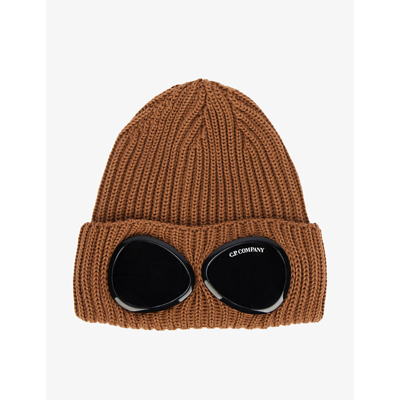 Shop C.p. Company Double Goggle Lense Knitted Wool Beanie Hat In Bronze Brown