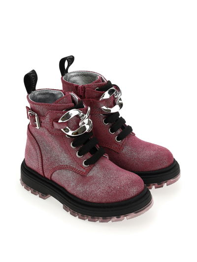 Shop Monnalisa Glitter Suede Combat Boots In Fuchsia