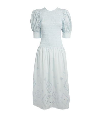 Shop Ganni Broderie Anglaise Midi Dress In Blue