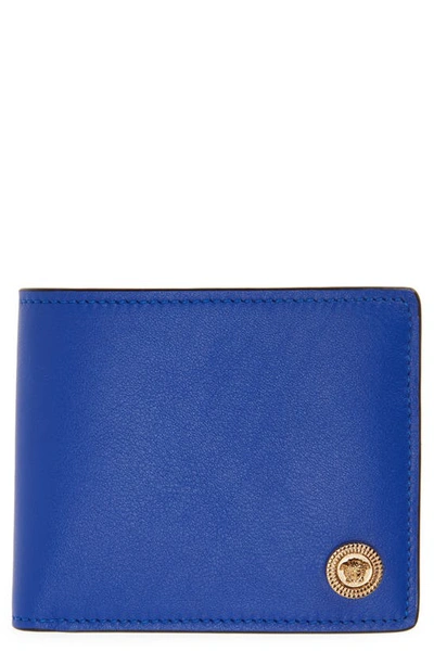 Shop Versace First Line Biggie Medusa Coin Bifold Wallet In Royal Blue/ Versace Gold