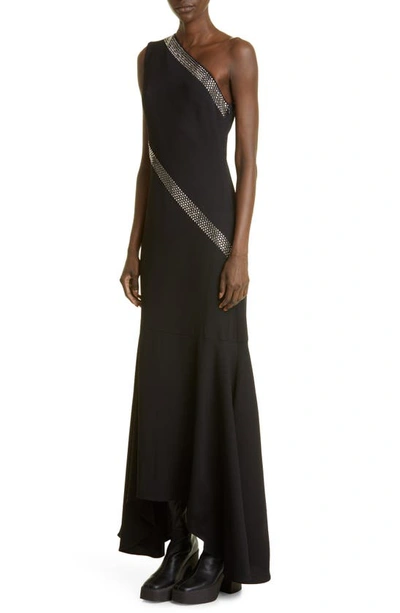 Shop Stella Mccartney Embellished One-shoulder Handkerchief Hem Gown In 1000 Black